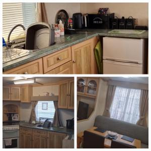 two pictures of a kitchen in an rv at Peaces caravan 8 berth on coral beach in Ingoldmells