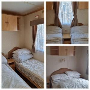 two pictures of a room with two beds in it at Peaces caravan 8 berth on coral beach in Ingoldmells