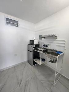 a kitchen with a counter and a sink in a room at La Terraza cerca del aeropuerto in Carolina