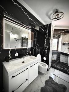 czarno-biała łazienka z umywalką i toaletą w obiekcie Cozy Apartament in Center of Bucharest w Bukareszcie