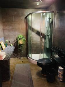 a bathroom with a shower with a toilet and a bench at Casa Bonita in Guadalajara