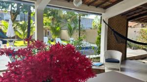a vase of red flowers sitting on a table at Casa San Francisco in Porto Seguro