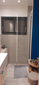 La salle de bains est pourvue d'une douche avec une porte en verre. dans l'établissement FLEURI, à Anglet