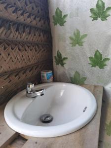 a white sink in a bathroom with a leaf wallpaper at Basecamp - Yala in Yala
