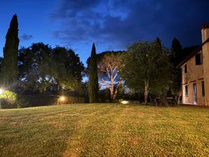 un gran patio de césped frente a una casa por la noche en Villa Olea, en SantʼEllero
