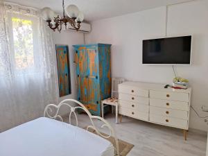 1 dormitorio con 1 cama, TV y vestidor en Apartment Srsen, en Kućište
