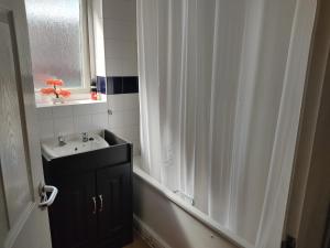 La salle de bains est pourvue d'un lavabo et d'un rideau de douche. dans l'établissement Bed 4 night, à Manchester