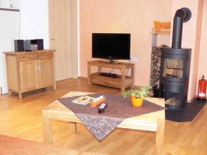 a living room with a wood burning stove at Wetekams Ferienwohnung W5 in Diemelstadt 