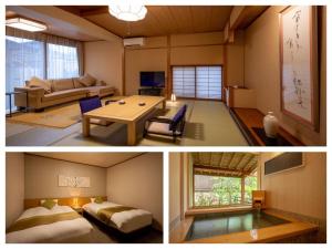 - deux photos d'une chambre avec un salon dans l'établissement Hohoemino Kuyufu Tsuruya, à Tendō
