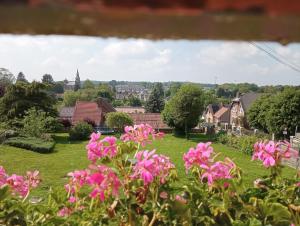 a garden with pink flowers and houses in the background at GITE LA NOTARIALE 