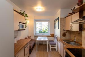 a small kitchen with a table and a window at Nidos Laivas in Nida