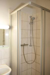 ein Bad mit einer Dusche, einem Waschbecken und einem WC in der Unterkunft Twinhof in Hamburg