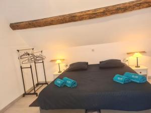 a bedroom with a black bed with two blue pillows at appartement atypique en triplex in Luze