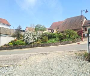 an empty street with houses and flowering bushes at appartement atypique en triplex in Luze