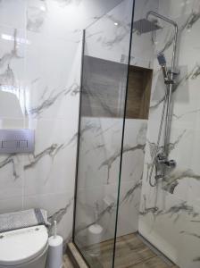 パラリア・スコティニスにあるHotel Lefkesのバスルーム(シャワー、トイレ付)