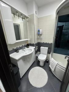 a bathroom with a sink and a toilet and a tub at Luxury Nordic 46 Apartment in Suceava