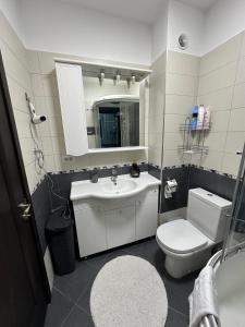 a bathroom with a toilet and a sink and a mirror at Luxury Nordic 46 Apartment in Suceava +18 photos