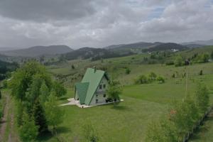a small house with a green roof on a green field at Vila Zeleno borje in Žabljak