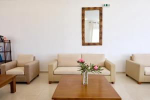 a living room with two chairs and a vase with flowers on a table at Niros Beachfront Aparthotel in Kokkíni Khánion