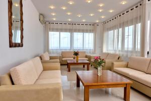 a living room with couches and tables and windows at Niros Beachfront Aparthotel in Kokkíni Khánion