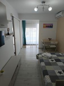 Cette chambre comprend un lit et une table. dans l'établissement Dika Sofia Residence, à Mangalia