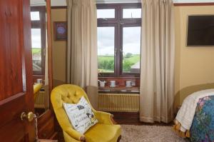 una camera da letto con una sedia gialla e una finestra di Tregondale Manor Farm a Liskeard