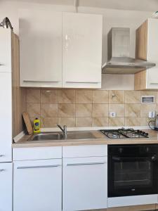 a kitchen with white cabinets and a sink and a stove at Apartmani Jović 2 in Mali Lošinj