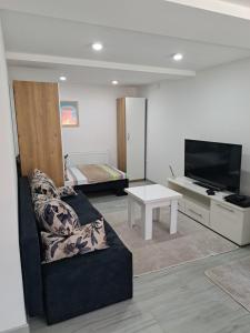 a living room with a couch and a tv and a table at Apartman Avlija in Tuzla