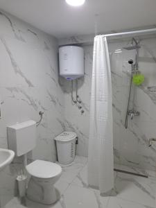 a white bathroom with a toilet and a shower at Apartman Avlija in Tuzla