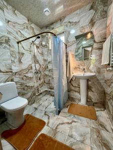 y baño con lavabo, ducha y aseo. en Inexpensive house, en Vanadzor