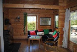 a living room with a couch in a log cabin at Ferienhaus Ronja in Hemfurth-Edersee