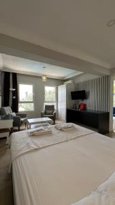 カルカンにあるKelebek Apartmentsの大きなベッドルーム(大型ベッド1台付)、リビングルームが備わります。