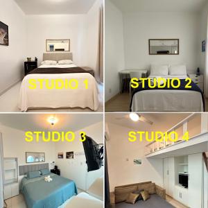 3 photos d'une chambre avec un lit et un escalier dans l'établissement Studio'S Bartho Leblon, à Rio de Janeiro