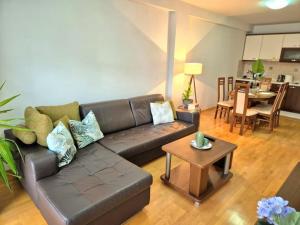 a living room with a leather couch and a table at Amsterdam Apartment Strumica in Strumica