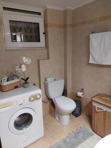 a bathroom with a toilet and a washing machine at Boho Zen Retreat in Agia Pelagia