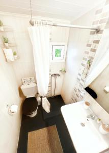 Baño pequeño con aseo y lavamanos en PRETTY SPITI Holiday Home, en Laganas