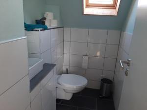 a white bathroom with a toilet and a window at Ferienhaus in der Schwaighofstrasse in Landsberg am Lech +8 photos