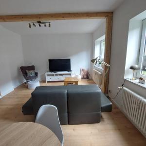 a living room with a couch and a tv at Hyggelige und zentrale Eigentumswohnung in Rostock