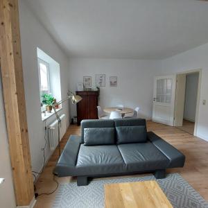 ein Wohnzimmer mit einem Sofa und einem Tisch in der Unterkunft Hyggelige und zentrale Eigentumswohnung in Rostock