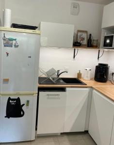 a kitchen with a white refrigerator and a sink at Cosy and Spacious appartement near metro line 4 & RER B in Bagneux