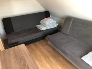 a couch sitting in a room with a table at Domek na Mazurach Apartamenty nad jeziorem Warpuny in Warpuny