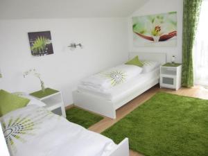 salon z 2 łóżkami i zielonym dywanem w obiekcie Ferienhaus mit Süd-Balkon und Garten sowie Parkplatz in zentraler Lage w mieście Umhausen
