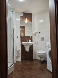 コウォブジェクにあるApartament 56 m2 Arka Medical Spaのバスルーム(洗面台、トイレ、シャワー付)