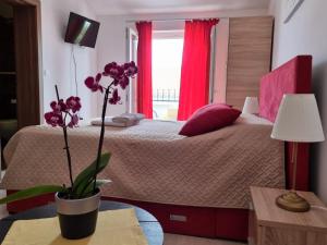 um quarto com uma cama com cortinas cor-de-rosa e um vaso com flores roxas em Vila BonBon 3 em Biograd na Moru