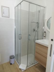 y baño con ducha de cristal y lavabo. en Sky and Sea Apartment Calasetta, en Calasetta