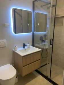 a bathroom with a toilet and a sink and a shower at Luxury Seaside Holm Oak Villa with Private Beach in Bar