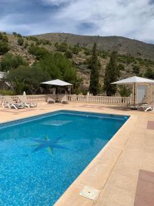 una gran piscina azul con sillas y sombrillas en Casa pajarera, en Fortuna