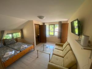 ein Wohnzimmer mit einem Bett und einem Sofa in der Unterkunft Анелия in Saparewa Banja