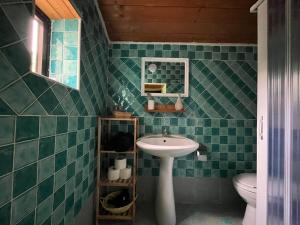 a green tiled bathroom with a sink and a toilet at A casa di Giovanni apartment in Albano di Lucania