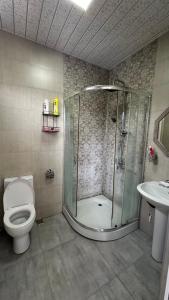 a bathroom with a shower and a toilet and a sink at Tatas Place in Batumi